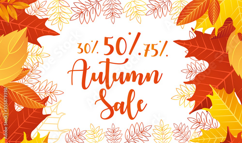 Autumn sale lettering vector illustration. Cartoon flat web banner design with autumnal yellow orange or red dry maple tree leaves on border of poster advertising, special discount offer for shopping