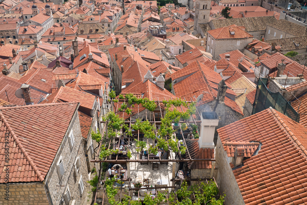 Rooftop restaurant in old town Dubrovnik, Croatia on April 30, 2019
