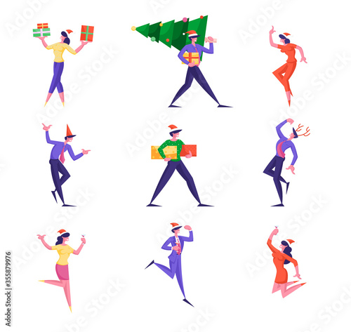 Set Business People Characters Celebrating New Year Party with Champagne and Fir-tree. Happy Colleagues Managers Team in Santa Hats Celebrate Christmas Holiday in Office. Cartoon Vector Illustration