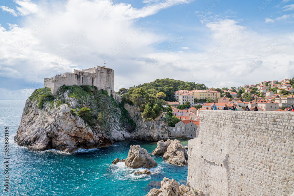 View of Dubrovnik Fortresses Lovrijenac and Bokar seen from south old walls. Croatia. South Dalmatia