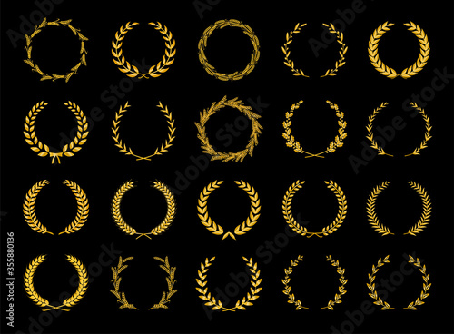 Collection of different golden silhouette circular laurel foliate, olive, wheat and oak wreaths depicting an award, achievement, heraldry, nobility. Vector illustration.