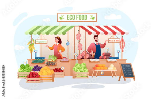 Farm market vector illustration. Cartoon flat happy man woman seller characters working, farmer people selling organic meat, eco vegetables and fruits. Agribusiness, farming business isolated on white