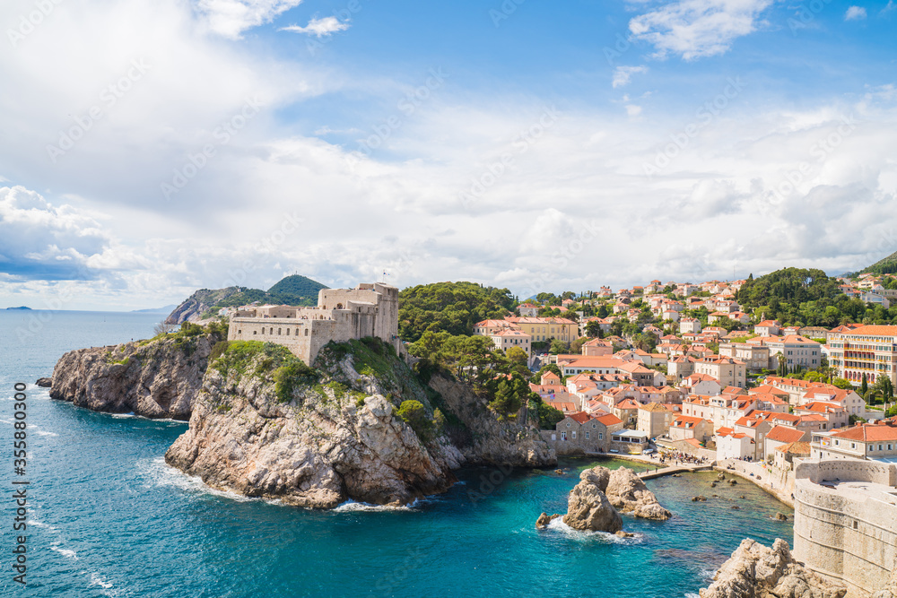 View of Dubrovnik Fortresses Lovrijenac and Bokar seen from south old walls. Croatia. South Dalmatia