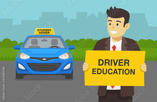 Young man in formal suit holding a paper with text. Driving school. Front view of a student driver car. Flat vector illustration.