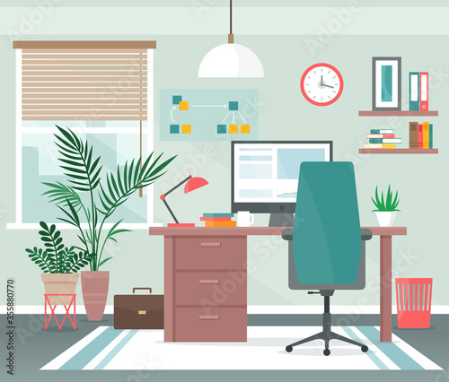 Home office workplace vector illustration. Cartoon flat apartment room interior with computer on table for freelance distance work, comfort chair, house window. Modern creative workspace background