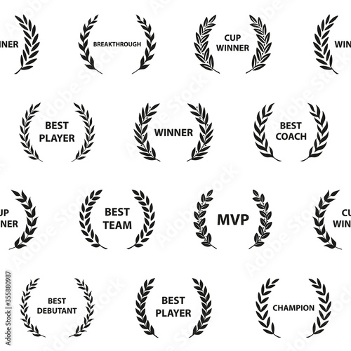 Sport Awards and best nominee award wreaths on white background. Seamless pattern.