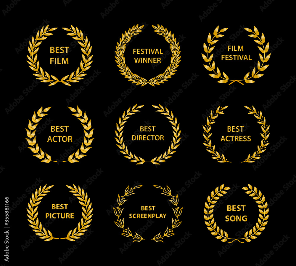 Film Awards. Gold award wreaths on black background. Vector illustration.
