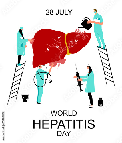 World hepatitis day 28th July hand drawn vector illustration. People in medical clothes taking care about human liver. Stop hepatitis concept. Doctors vaccinate and treat cartoon cirrhosis liver .