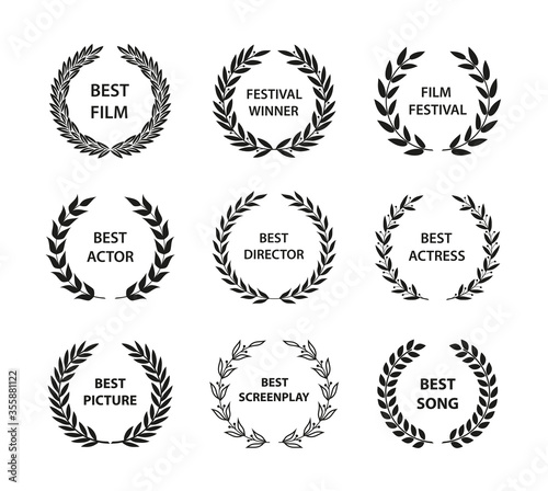Film Awards. Set of black and white silhouette award wreath. Vector illustration.