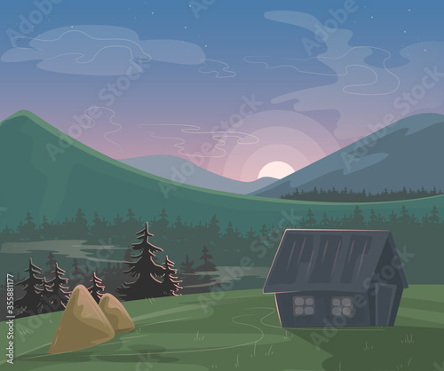 Mountain landscape vector illustration. Cartoon beautiful summer morning or evening nature scenery, village with house haystack, green natural farmland field, sun low on mountainous horizon background