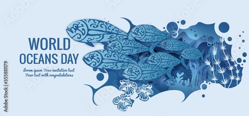 Text - world ocean day. Fish shoal template for making a postcard. Vector image for laser cutting and plotter printing. Fauna with marine animals