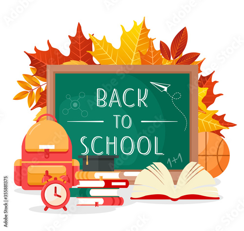 Back to school lettering by chalkboard vector illustration. Cartoon flat green schoolboard with school supplies or tools, autumn leaves, backpack and open schoolbook for education poster or web banner