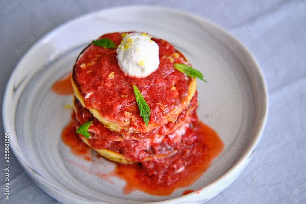 Homemade Pancake with Ricotta Cheese and Strawberry Sauce Homemade Pancake with Ricotta Cheese and Strawberry Sauce