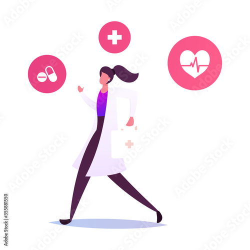 Doctor or Nurse Character in Robe with Medical Tools in Box Running to Help Diseased Critical Patient. Clinic, CPR Intensivist Hospital Healthcare Staff at Work, Medicine. Cartoon Vector Illustration
