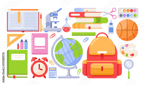 School tools vector illustration icon set. Cartoon flat stationery collection of school supplies and accessories for pupil or student, paper schoolbook, backpack. Education elements isolated on white