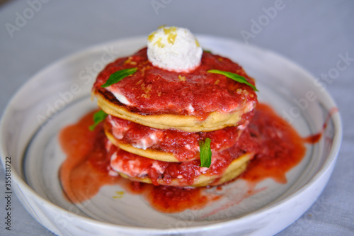 Homemade Pancake with Ricotta Cheese and Strawberry Sauce