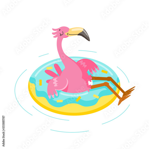 Cute Pink Flamingo Float Inflatable Ring Isolated on White Background. Cartoon Character Summer Vacation. Kawaii Bird Summertime Activity and Resort Spare Time, T-shirt Print. Vector Illustration