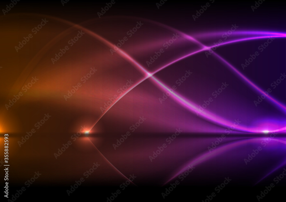 Orange purple neon waves with reflection. Abstract shiny technology retro background. Futuristic glowing vector design