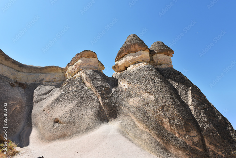 Fairy Chimneys and Mushroom Rock in Pasabag Monks Valley. Known for its mushroom shaped rocks. Cappadocia, Nevsehir, Turkey.
