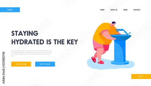 Heat, Summertime Weather Landing Page Template. Man Drinking Water on Street. Male Character Refresh Outdoors with Cold Aqua and Washing Face Outside from Street Fountain. Cartoon Vector Illustration