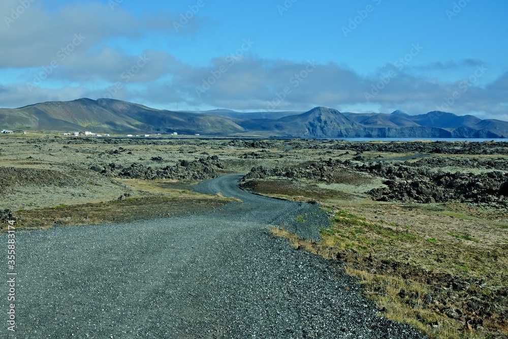 Iceland-view of road and seacoast near Grindavík on the southern peninsula
