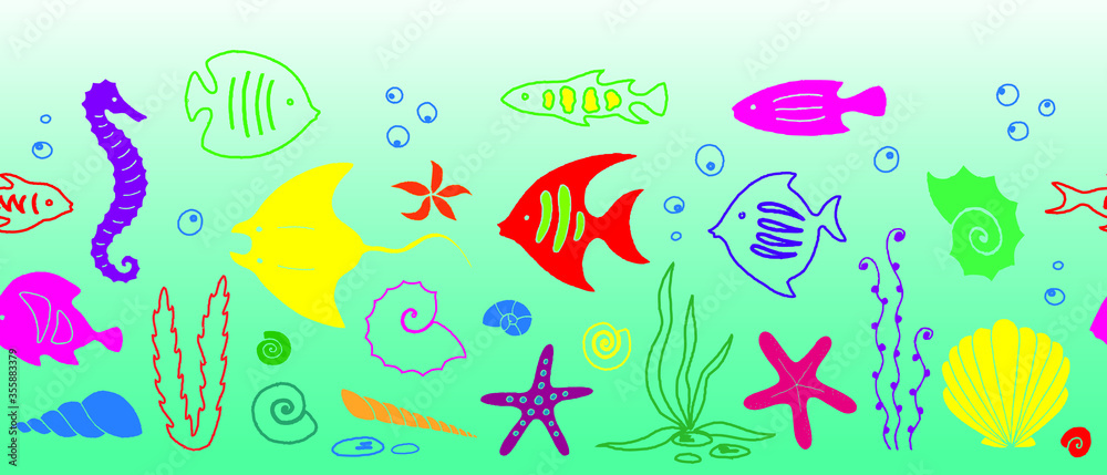 Hand drawn sea life seamless border. Vector illustration.