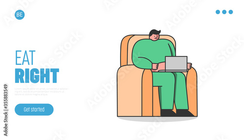 Nutrition and dieting landing page with fat man using laptop sitting in armchair