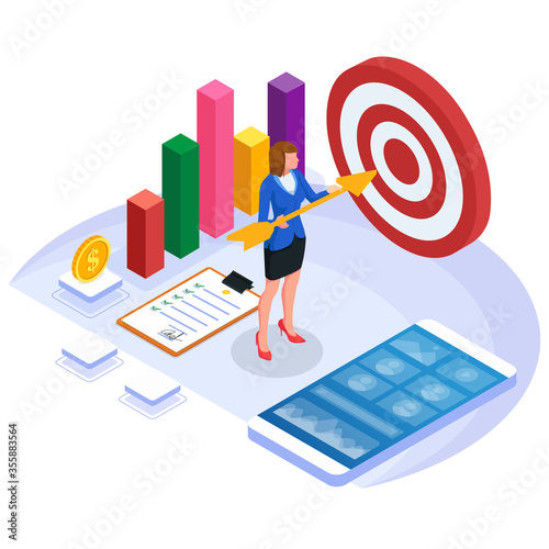 Woman holding the arrow to reach the target. Isometric business marketing strategy illustration. Vector