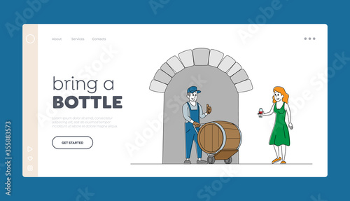 Vineyard, Winery, Winemaking Landing Page Template Man Worker and Woman Character Stand at Wooden Barrel. Girl Hold Wineglass Watch on Red Wine Alcohol Drink Tasting. Linear People Vector Illustration