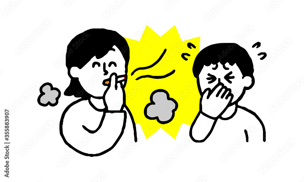 Naklejka premium タバコを吸う私服女性と煙たがる私服男性（シンプル）