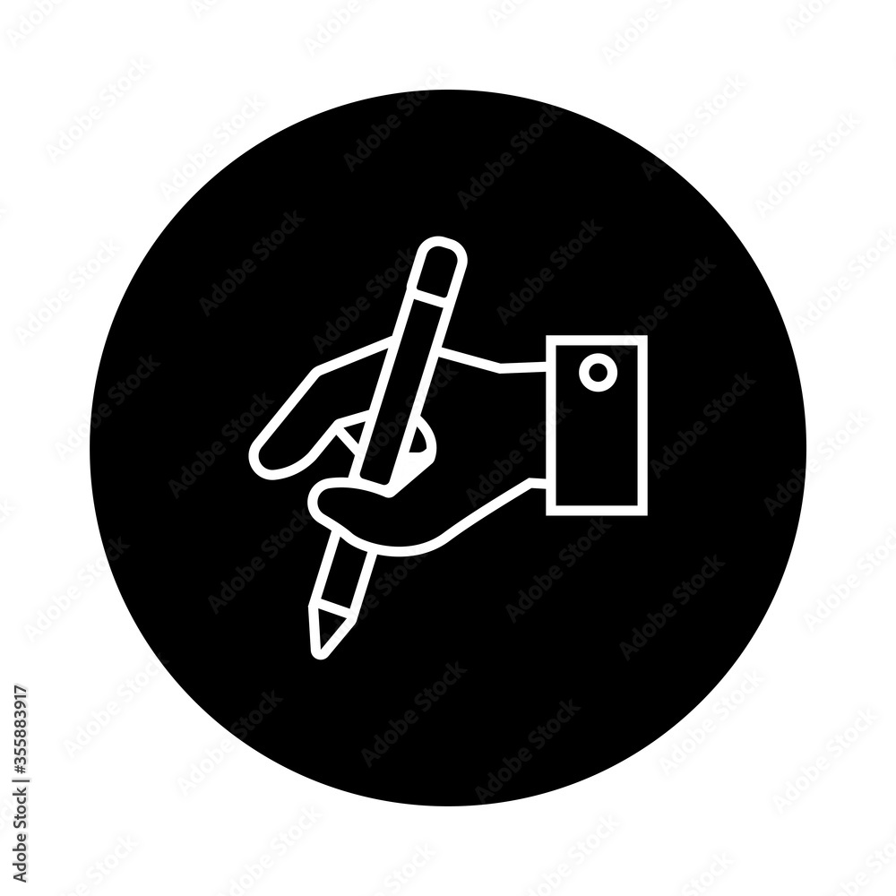 hand with pen school supply block and line style icon hand with pen school supply block and line style icon