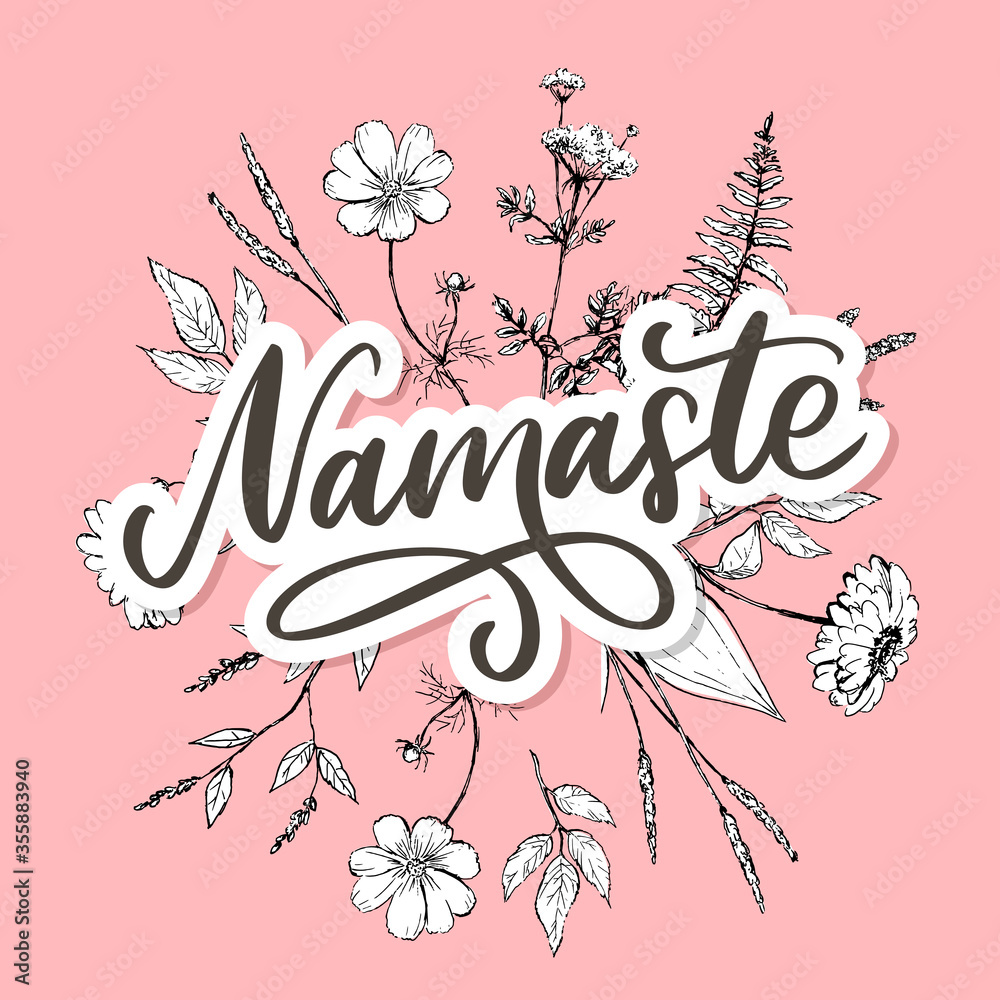 Hand drawn namaste card. Hello in hindi. Ink illustration. Hand drawn lettering background. Isolated on white background. Positive quote. Modern brush calligraphy.