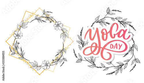 Lettering Yoga. Vector background International Yoga Day. Vector design for poster, T-shirts, bags. Yoga typography. Vector elements for labels, logos, icons, badges.