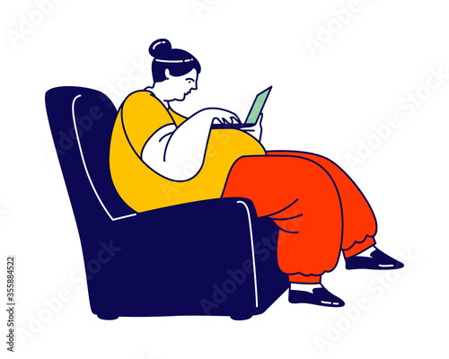 Overweight Woman Sitting in Armchair with Laptop Stand on Huge Belly Isolated on White Background. Obesity, Female Character Reading Useful Information about Weight Loss. Linear Vector Illustration
