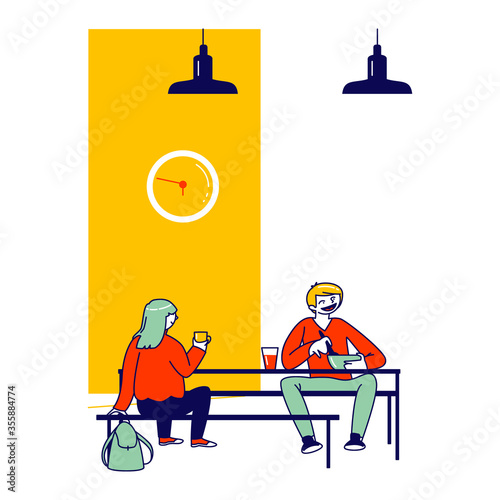 Pupils Eating Meals Sitting at Tables during Lunch Time in College, Children Characters Visiting School Cafeteria. Students Communicate in Canteen or Dining Room. Linear People Vector Illustration