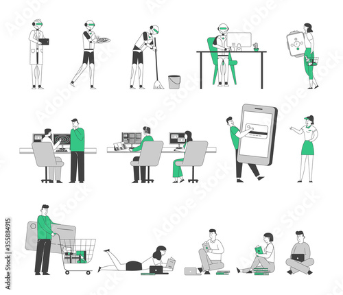 Set of Male Female Characters Airplane Dispatchers Working, Robots and Cyborg Service, People Using Gadgets and Doing Shopping. Students Studying with Books and Computers. Linear Vector Illustration