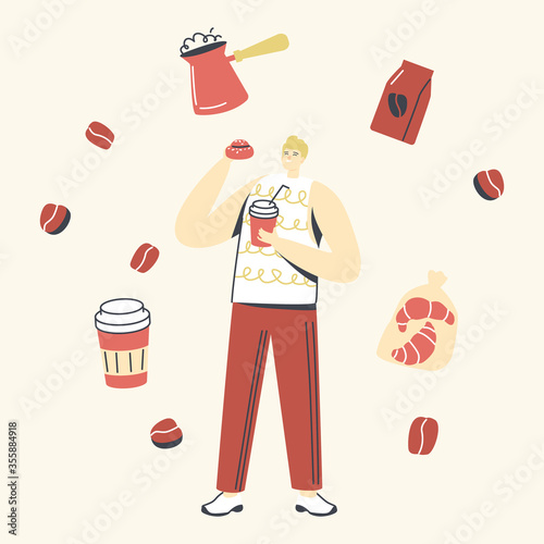 Man Character with Bun and Coffee Cup in Hands on White Background Surrounded with Cezve, Croissants, Coffee Beans and Pack. Morning Refreshment and Hot Drink for Takeaway. Linear Vector Illustration