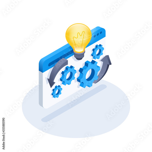 isometric vector image on a white background, gears web page icon and glowing light bulb, idea generation