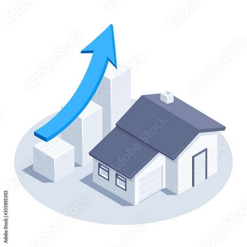 isometric vector image on a white background, a rising chart icon with a blue arrow and a house, real estate market