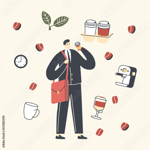 Young Business Man Character in Formal Wear and Shoulder Bag Drinking Coffee in Disposable Cup. Morning Takeaway Drink Refreshment on Way at Work, City Dweller Lifestyle. Linear Vector Illustration