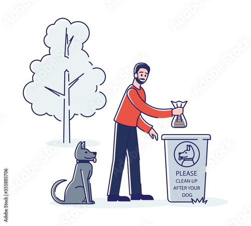 Man throwing dog waste in litter bin while walk in park. Cleaning after dog concept