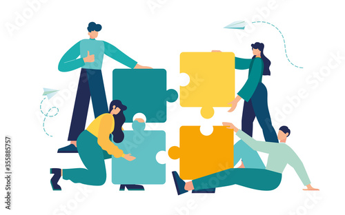 Business concept. Team metaphor. people connecting puzzle elements. Vector illustration flat design style. Symbol of teamwork, cooperation, partnership.