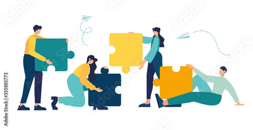 Business concept. Team metaphor. people connecting puzzle elements. Vector illustration flat design style. Symbol of teamwork, cooperation, partnership.