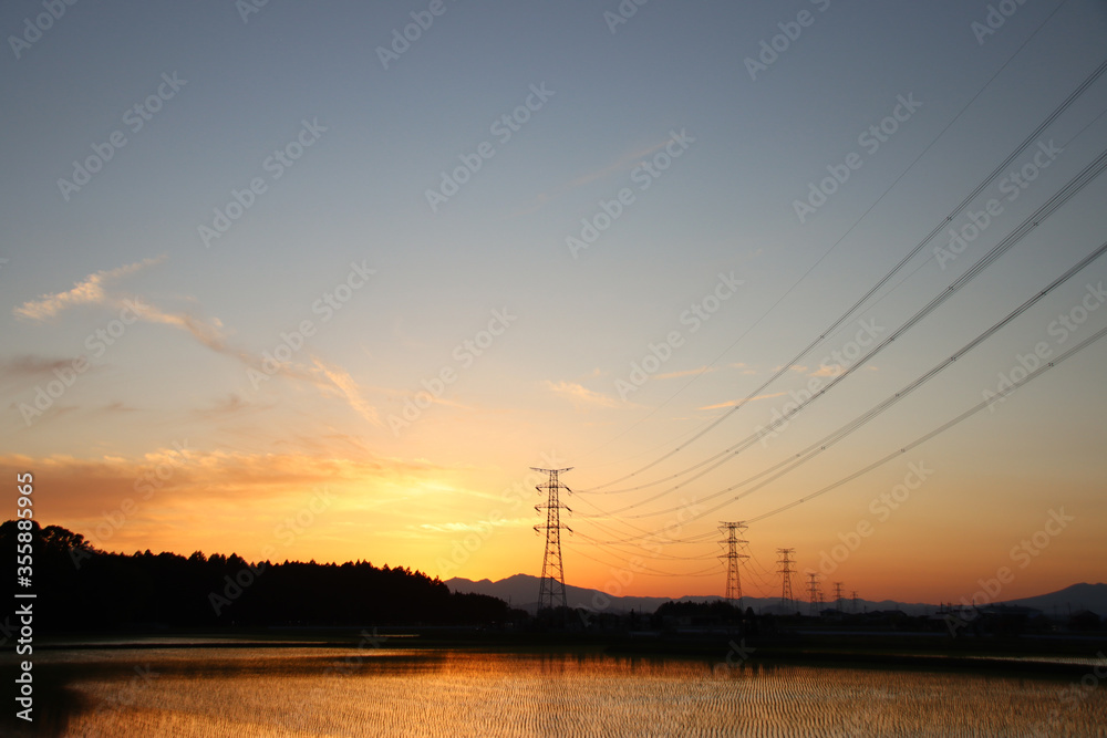 水田と夕焼け　栃木県芳賀郡芳賀町