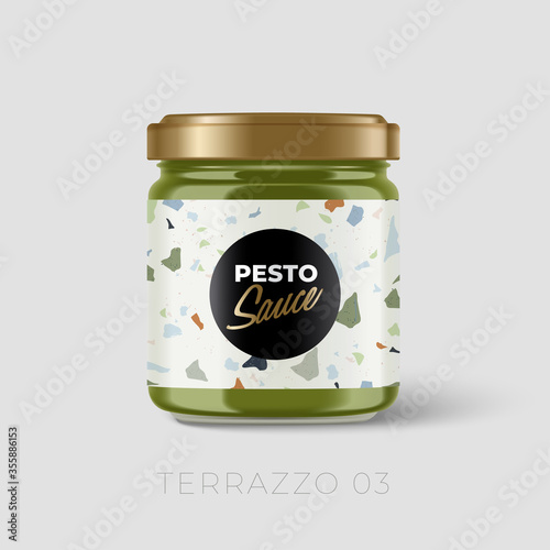 Premium Pesto Sauce glass container with Terrazzo pattern on label isolated on light grey background : Vector Illustration