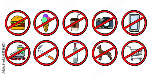 Set of colored signs for various prohibited activities. Signs do not eat, do not smoke, do not drink, do not photograph, no dogs, no walk and others isolated on white background