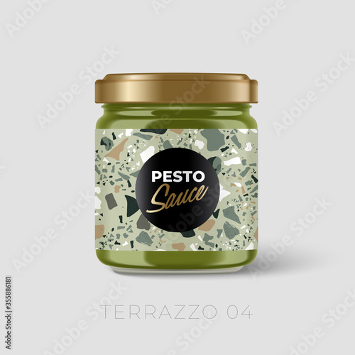 Premium Pesto Sauce glass container with Terrazzo pattern on label isolated on light grey background : Vector Illustration