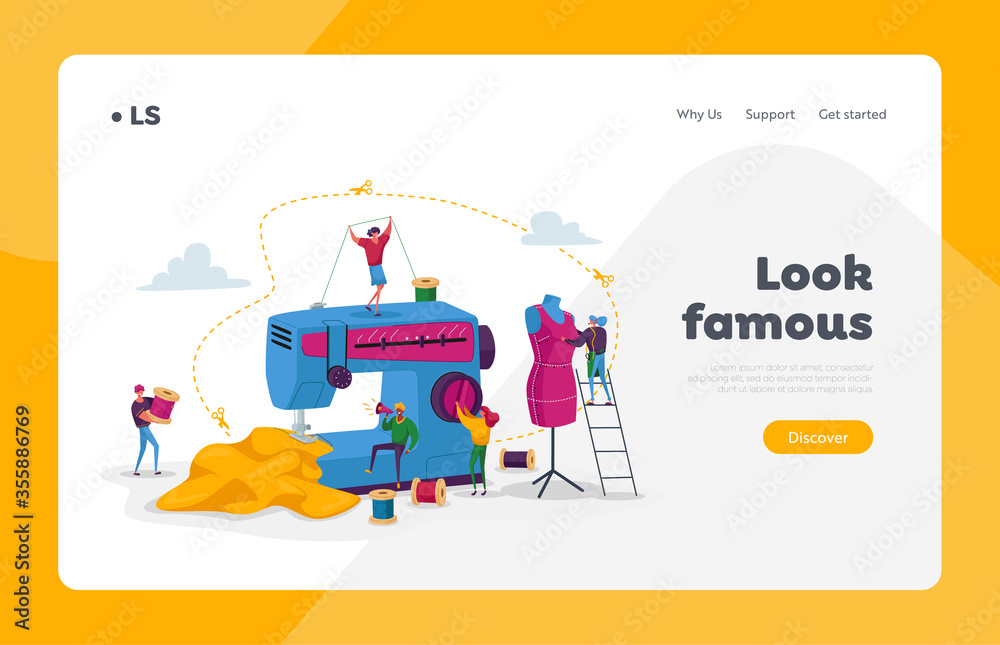 Tailor Textile Craft Business Landing Page Template. Creative Atelier, Dressmakers Characters Create Apparel on Sewing Machine, Assistant Working with Mannequin. Cartoon People Vector Illustration