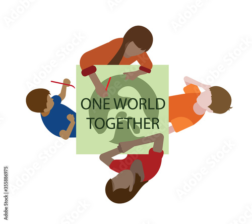 Stop the racism. Social Distancing. One world together. People painting the banner