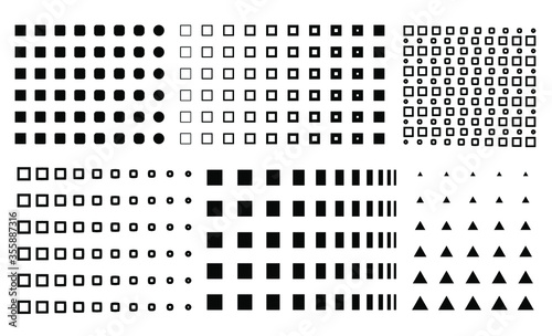 vector memphis design elements, gradient memphis, circles to squares, dots, squares gradient,